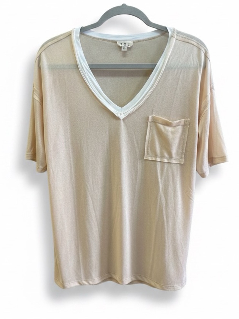 POL Beige Short-Sleeve‎ V-Neck Pocket Tee with White Trim